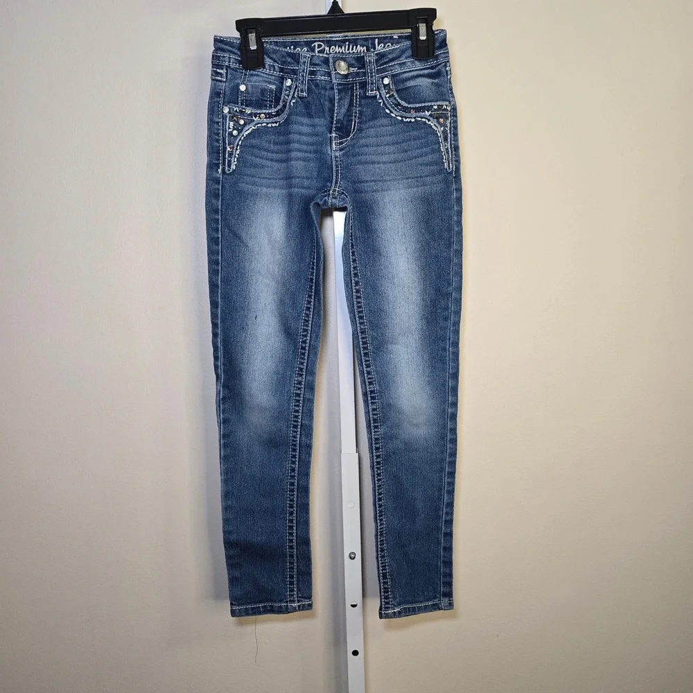 Justice Premium Jeans Girls 8R Super Skinny Simply Low Medium Wash Embellished